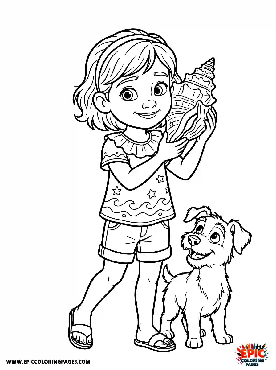 Girl with Dog Girl with dog pixar style holding a large conch shell to her ear wearing a summer blouse