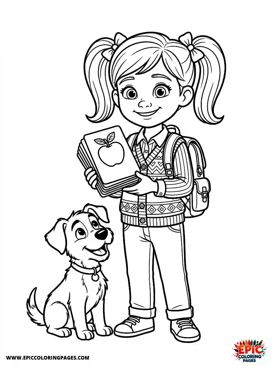 Girl with Dog Girl with dog pixar style holding a stack of flashcards wearing a knitted vest