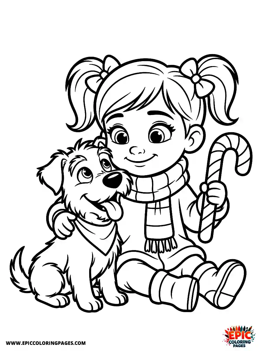 Girl with Dog Girl with dog pixar style holding a striped candy cane wearing a winter scarf