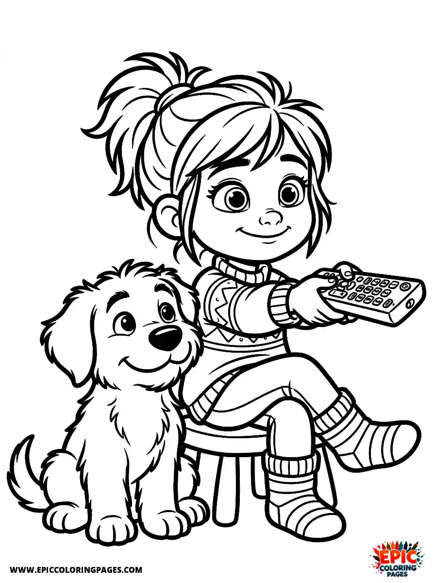 Girl with Dog Girl with dog pixar style pointing a television remote wearing cozy socks