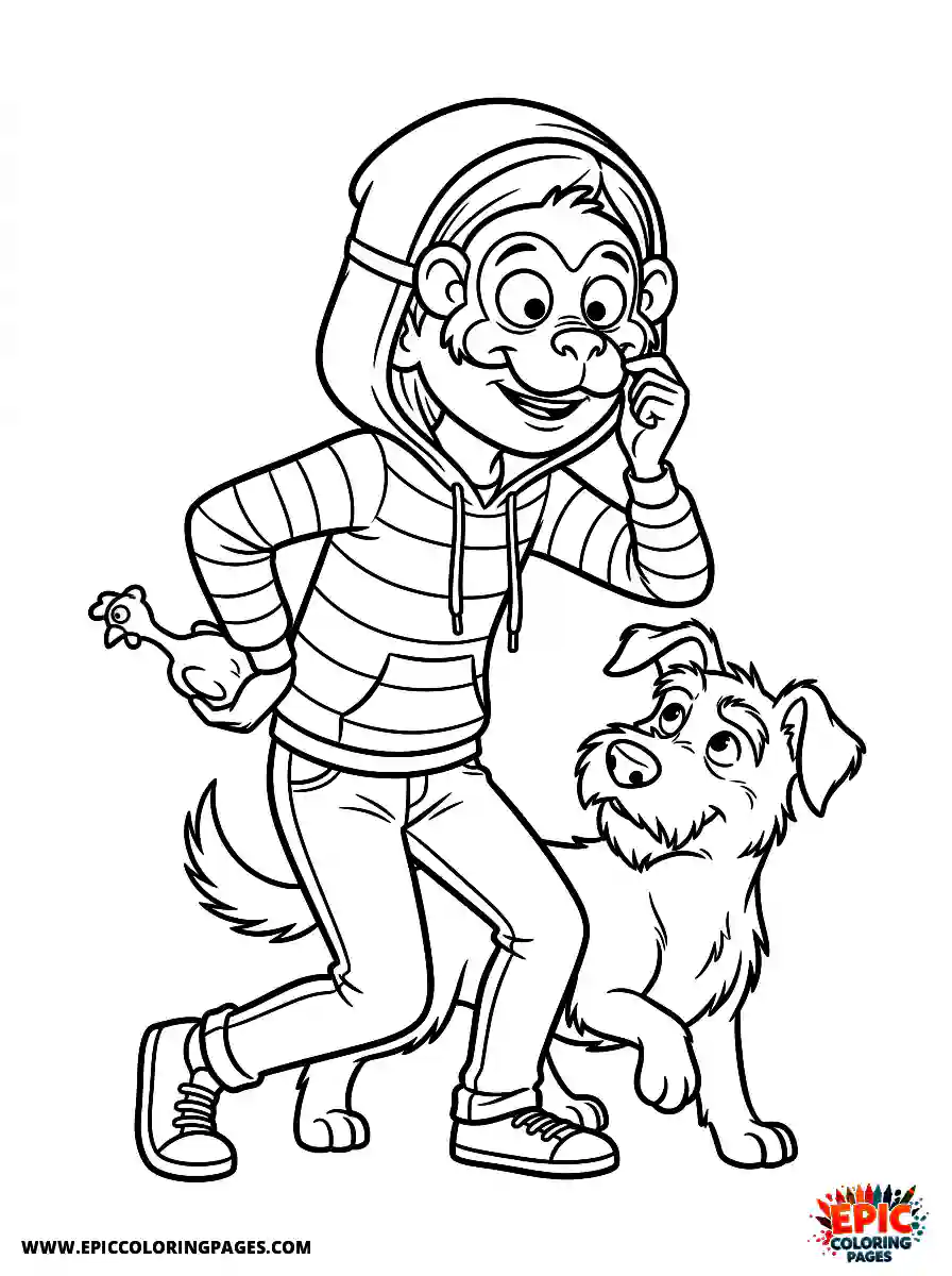 Girl with Dog Girl with dog pixar style pulling a funny prank mask over her face wearing a striped hoodie