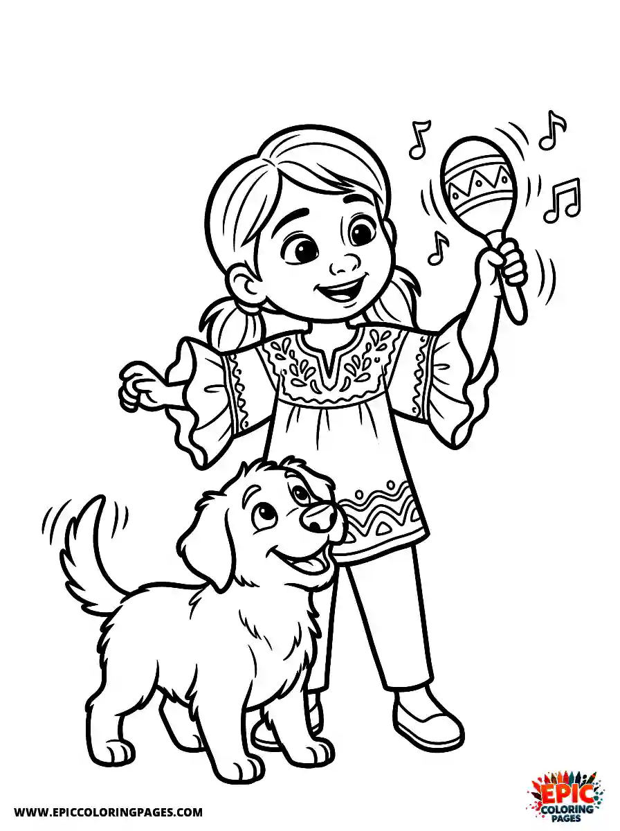 Girl with Dog Girl with dog pixar style shaking a noisy maraca wearing a ruffled fiesta shirt