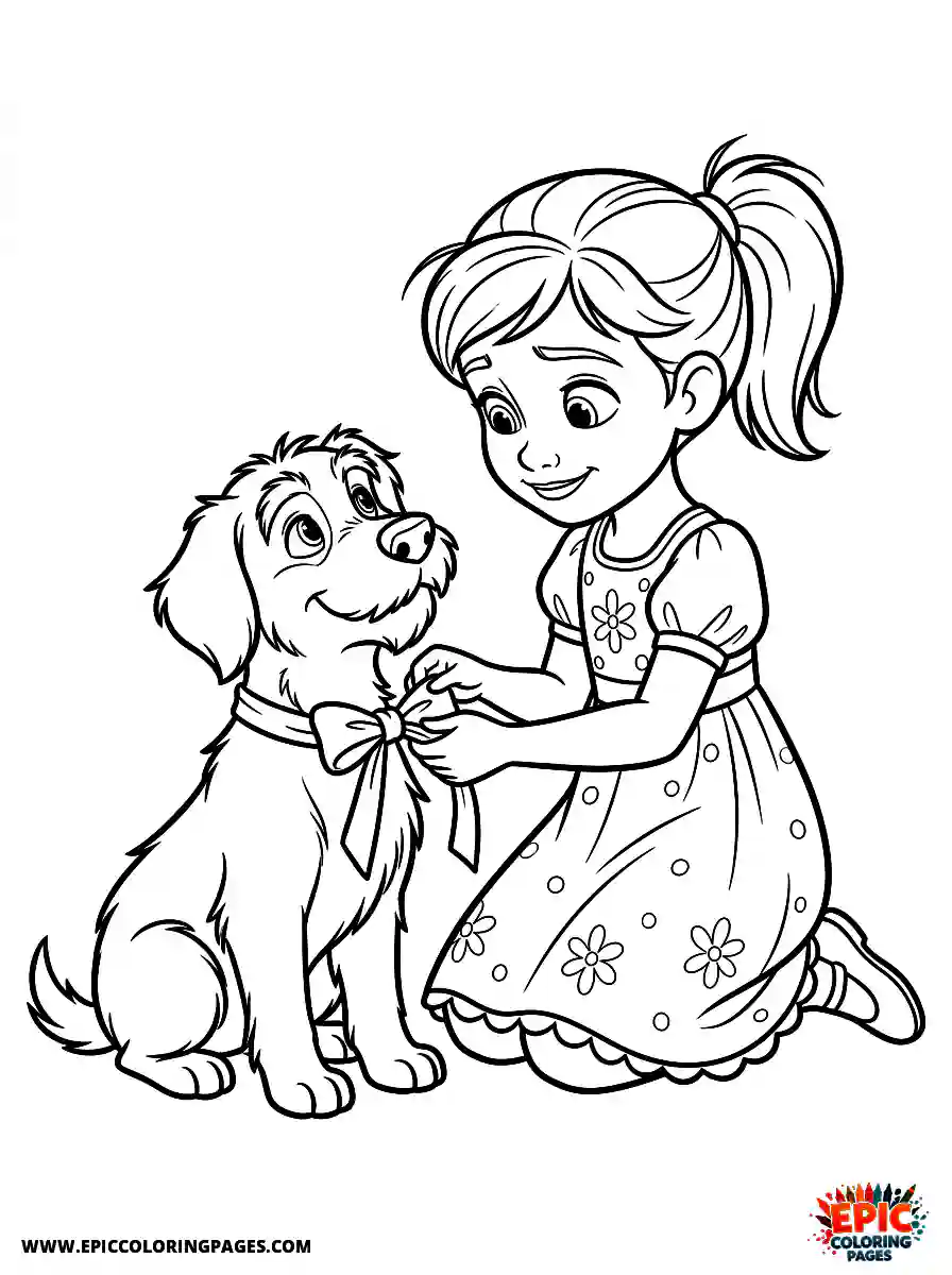 Girl with Dog Girl with dog pixar style tying a neat ribbon bow wearing an elegant dress