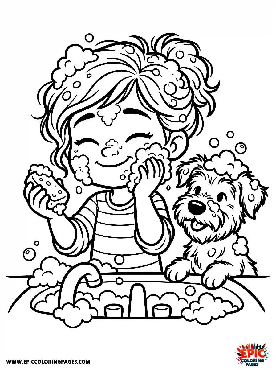 Girl with Dog Girl with dog pixar style washing face with soap suds holding a soap bar