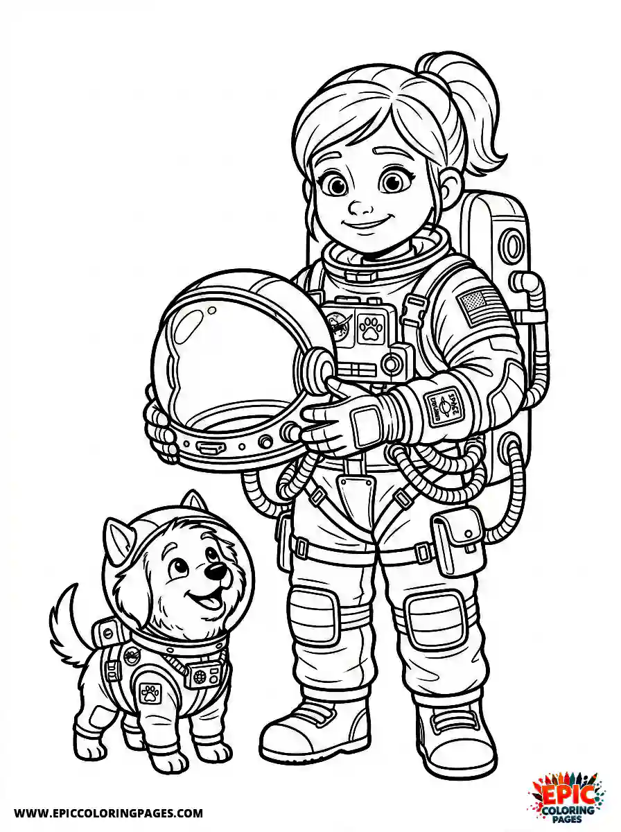 Girl with Dog Girl with dog pixar style wearing a heavy astronaut suit holding a space helmet