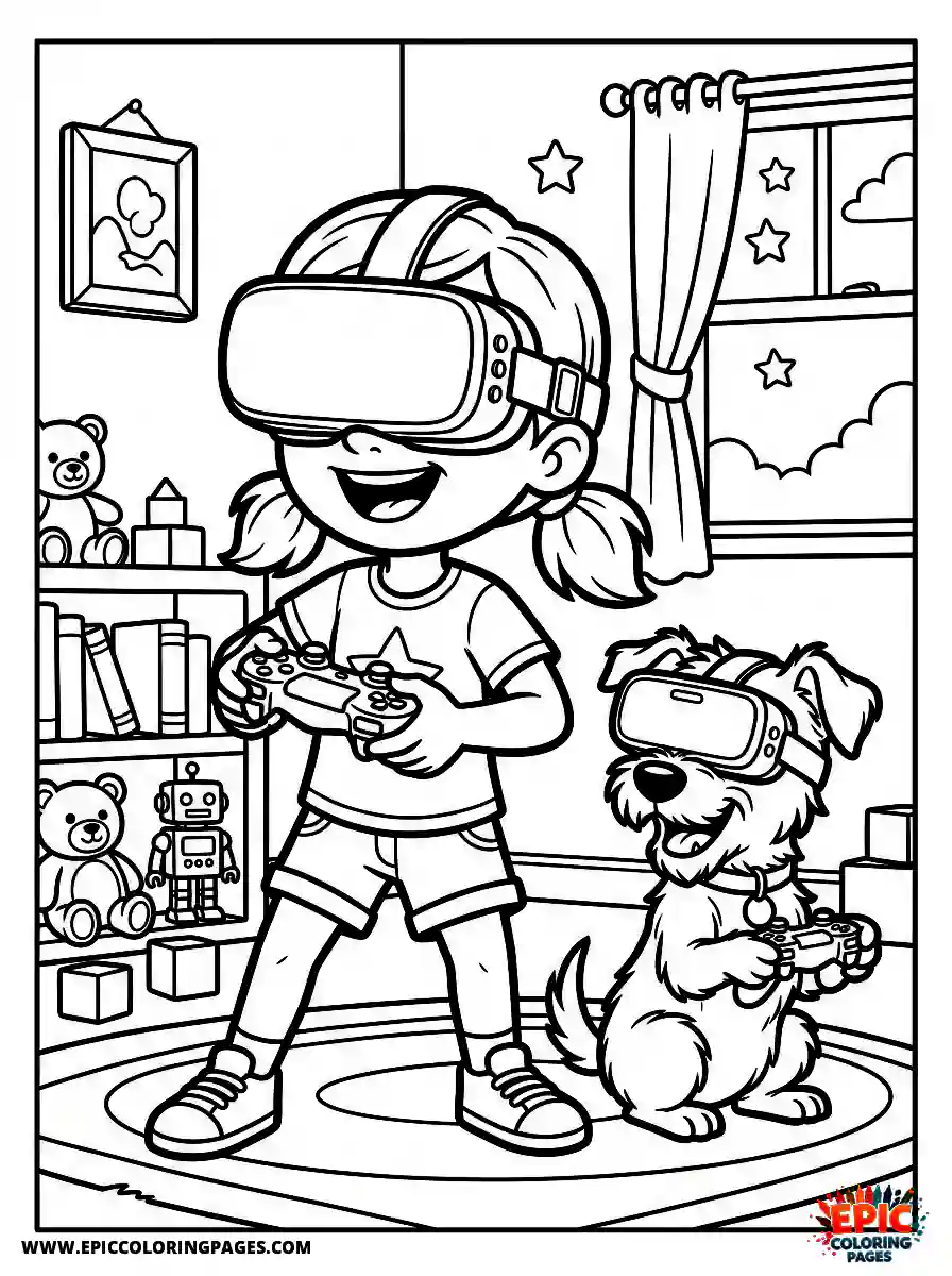 Girl with Dog Girl with dog pixar style wearing a virtual reality headset holding game controllers