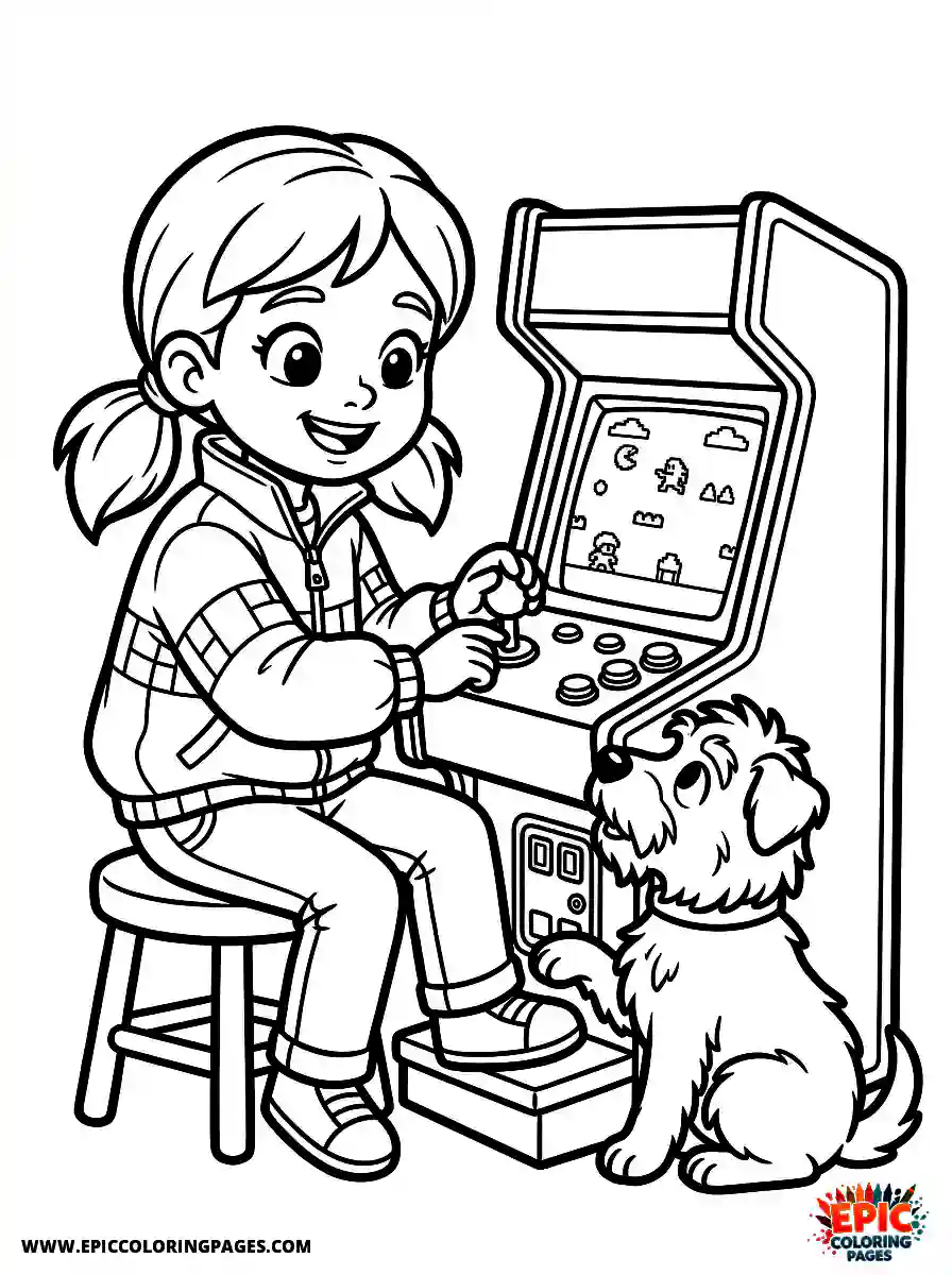 Girl with Dog Girl with dog playing a mini arcade machine wearing a retro jacket