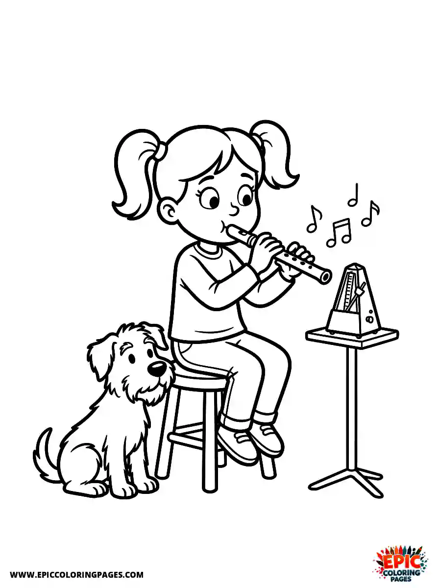 Girl with Dog Girl with dog playing a wooden flute holding a small metronome