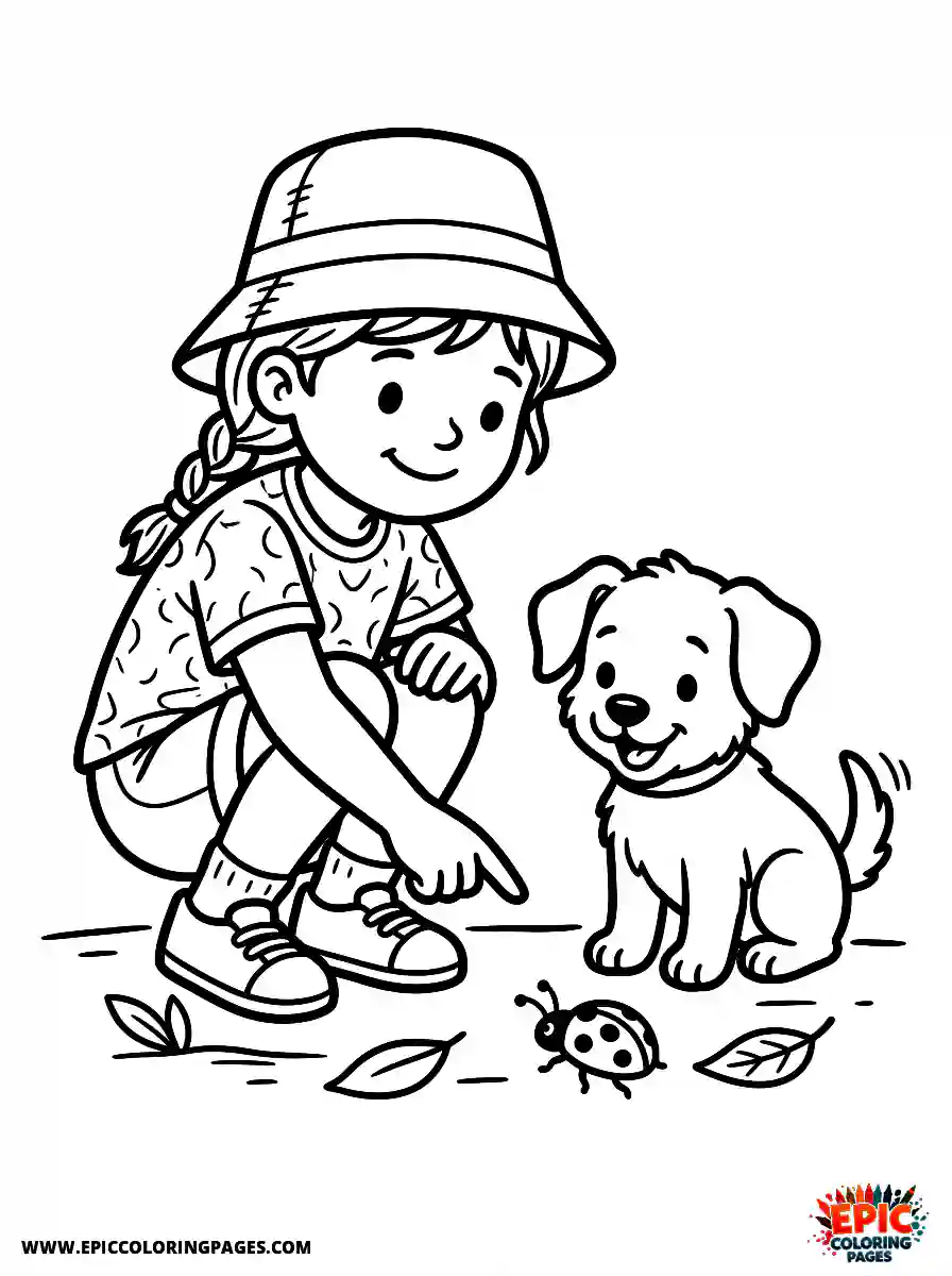 Girl with Dog Girl with dog pointing at a crawling ladybug wearing a bucket hat