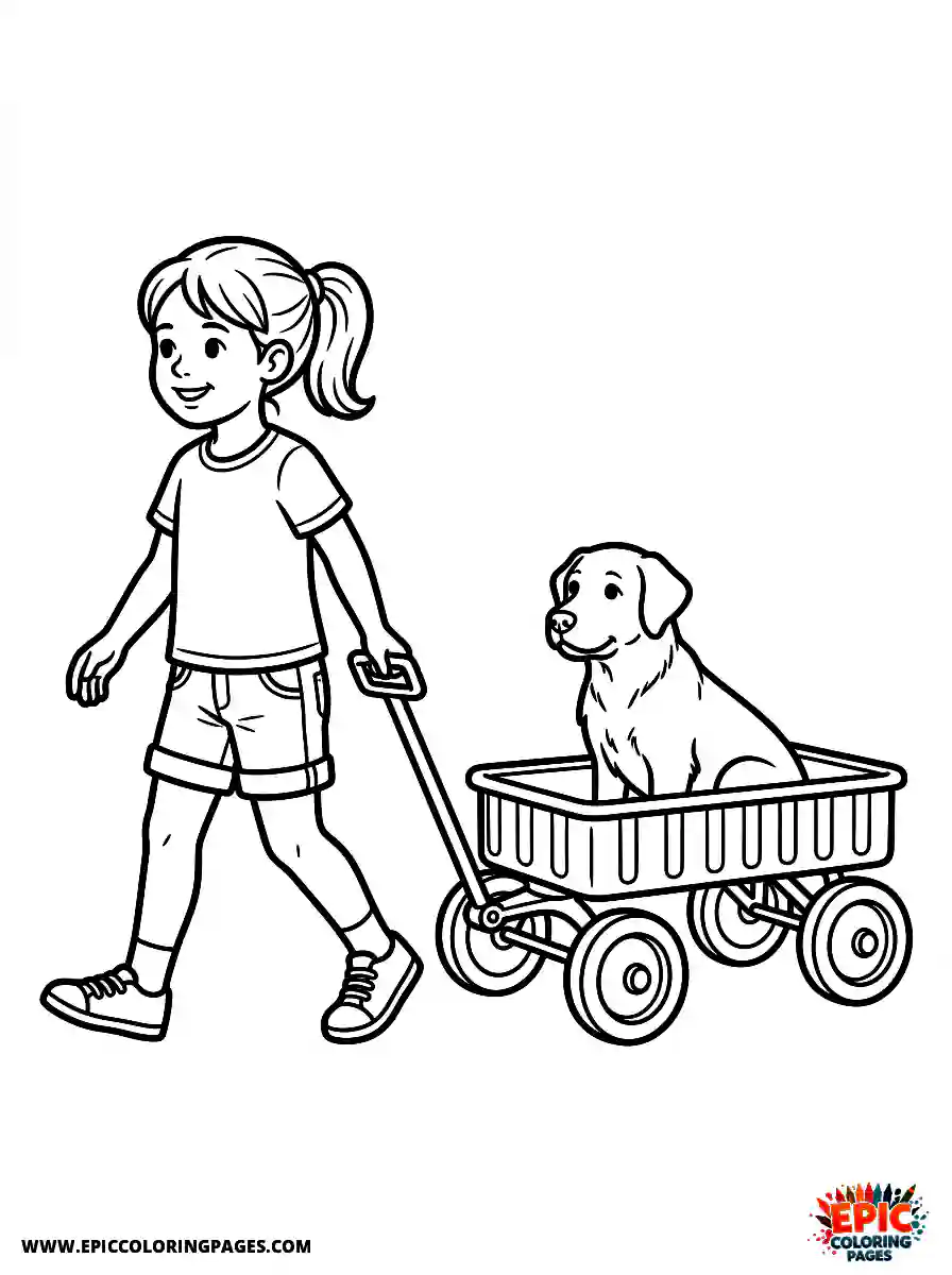 Girl with Dog Girl with dog pulling a classic red wagon wearing denim shorts