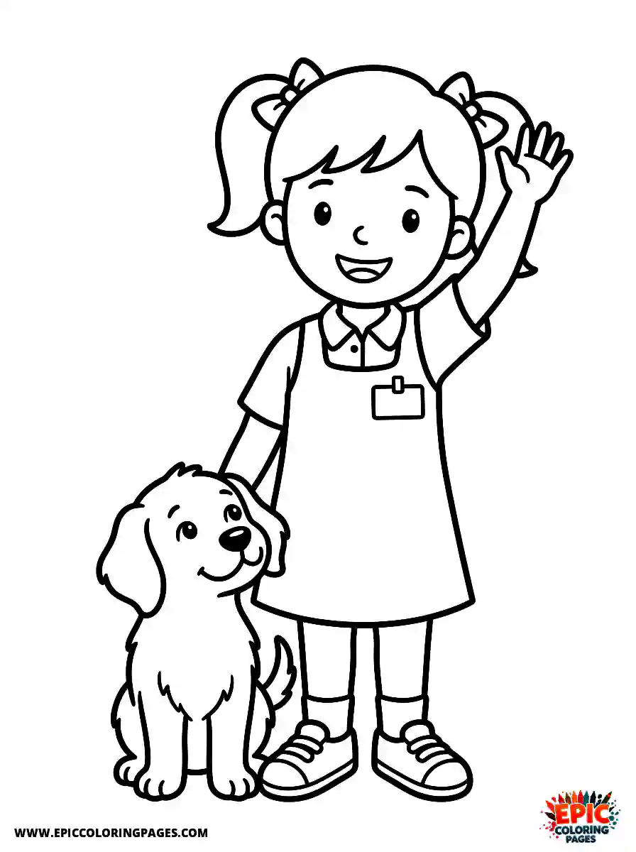 Girl with Dog Girl with dog raising a hand to answer wearing a name tag