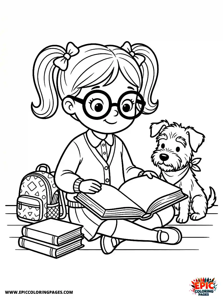 Girl with Dog Girl with dog reading a heavy textbook wearing oversized glasses