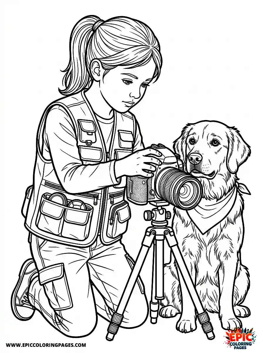 Girl with Dog Girl with dog realistic adjusting a professional camera lens wearing a utility vest