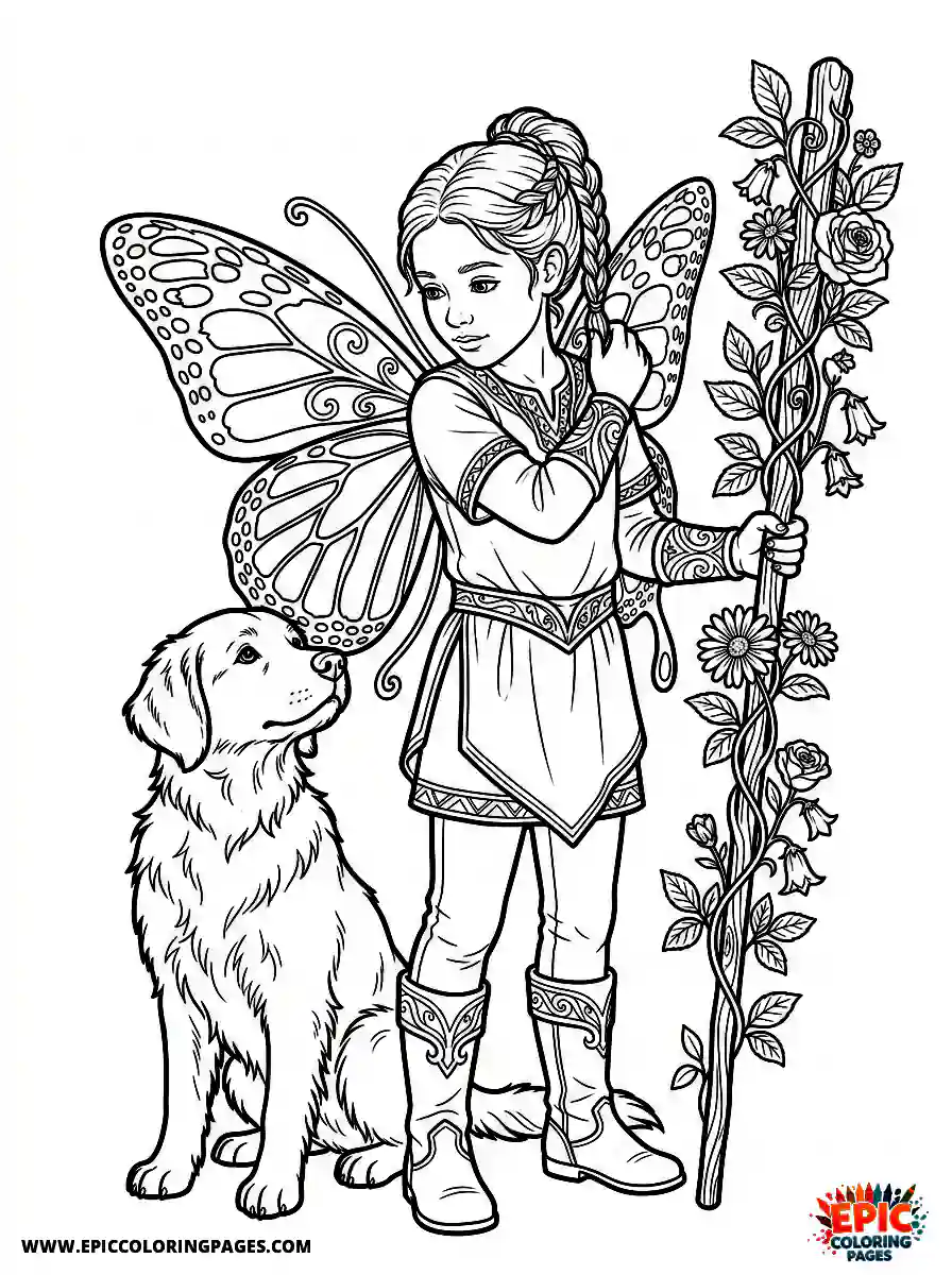 Girl with Dog Girl with dog realistic adjusting detailed butterfly fairy wings holding a floral staff