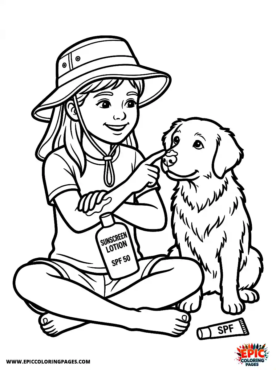 Girl with Dog Girl with dog realistic applying daily sunscreen lotion wearing a protective sun hat