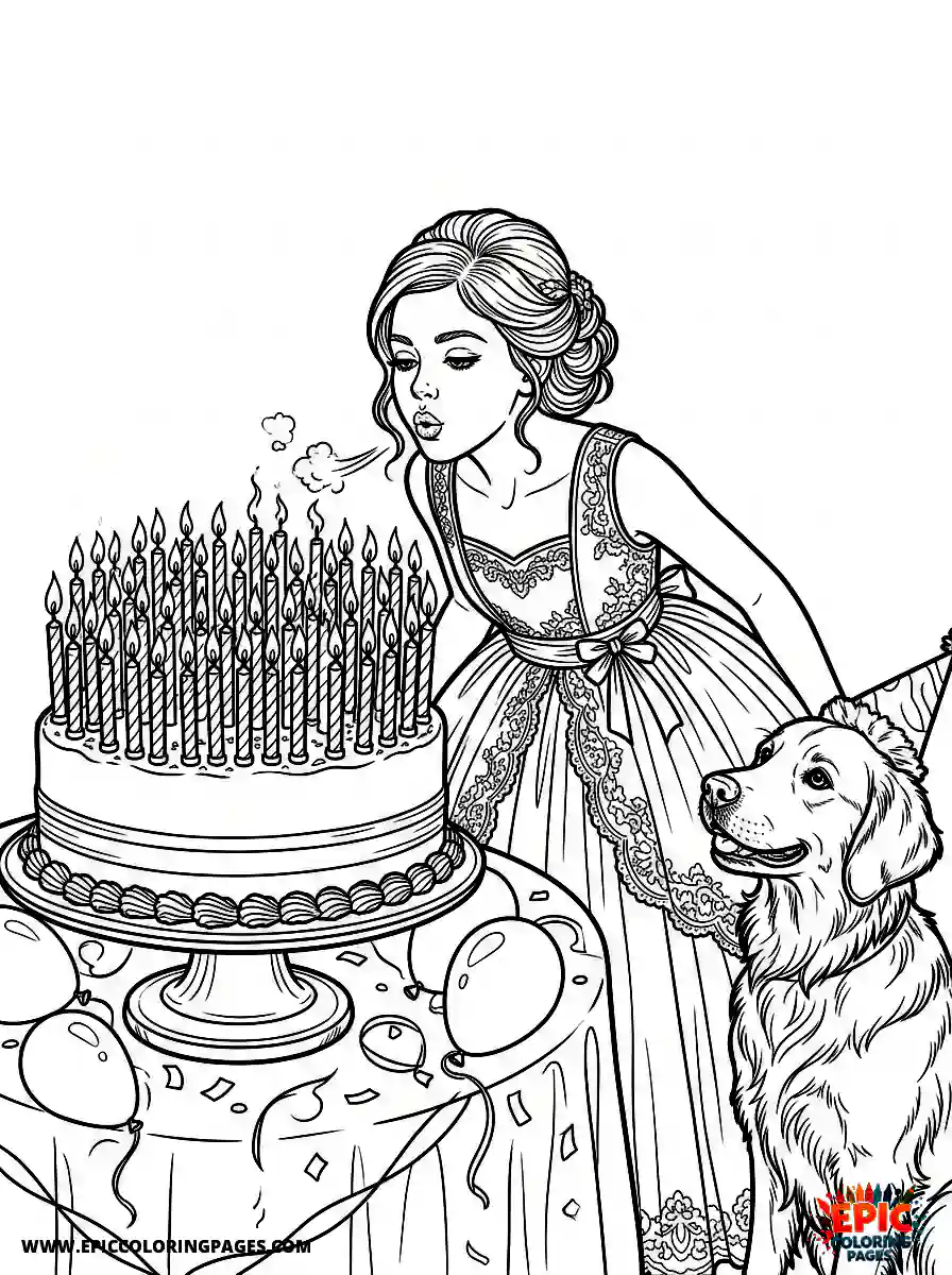 Girl with Dog Girl with dog realistic blowing out numerous birthday candles wearing a formal party dress