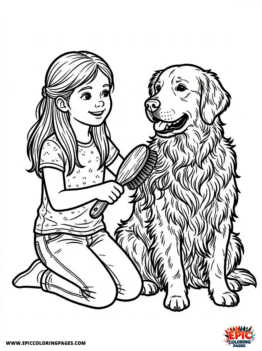 Girl with Dog Girl with dog realistic brushing long tangled hair holding a sturdy hairbrush