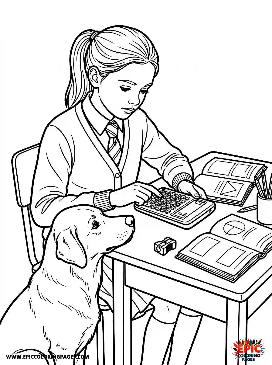 Girl with Dog Girl with dog realistic calculating numbers on a scientific calculator wearing a smart tie