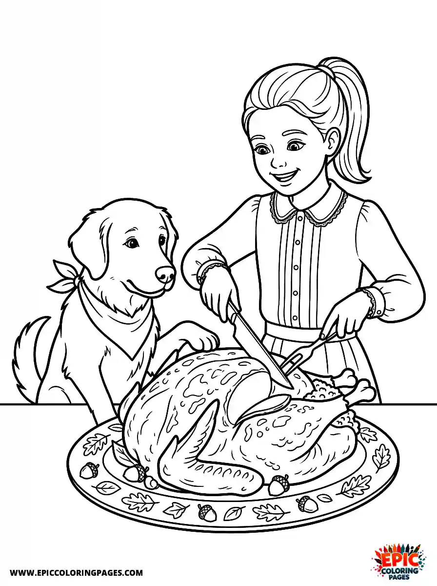 Girl with Dog Girl with dog realistic carving a roasted turkey thanksgiving wearing an elegant dinner blouse