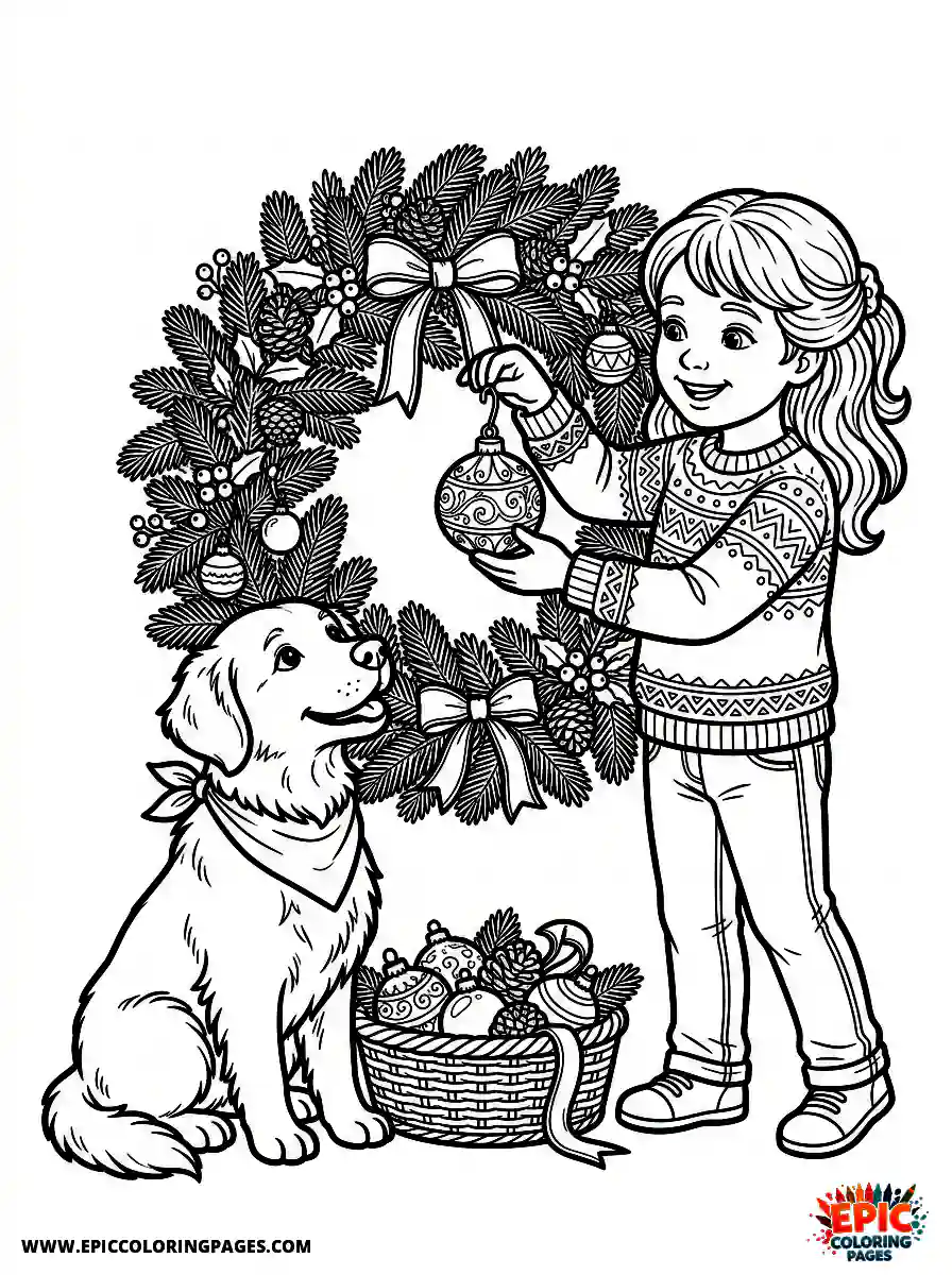 Girl with Dog Girl with dog realistic decorating a fresh pine wreath holding delicate glass ornaments
