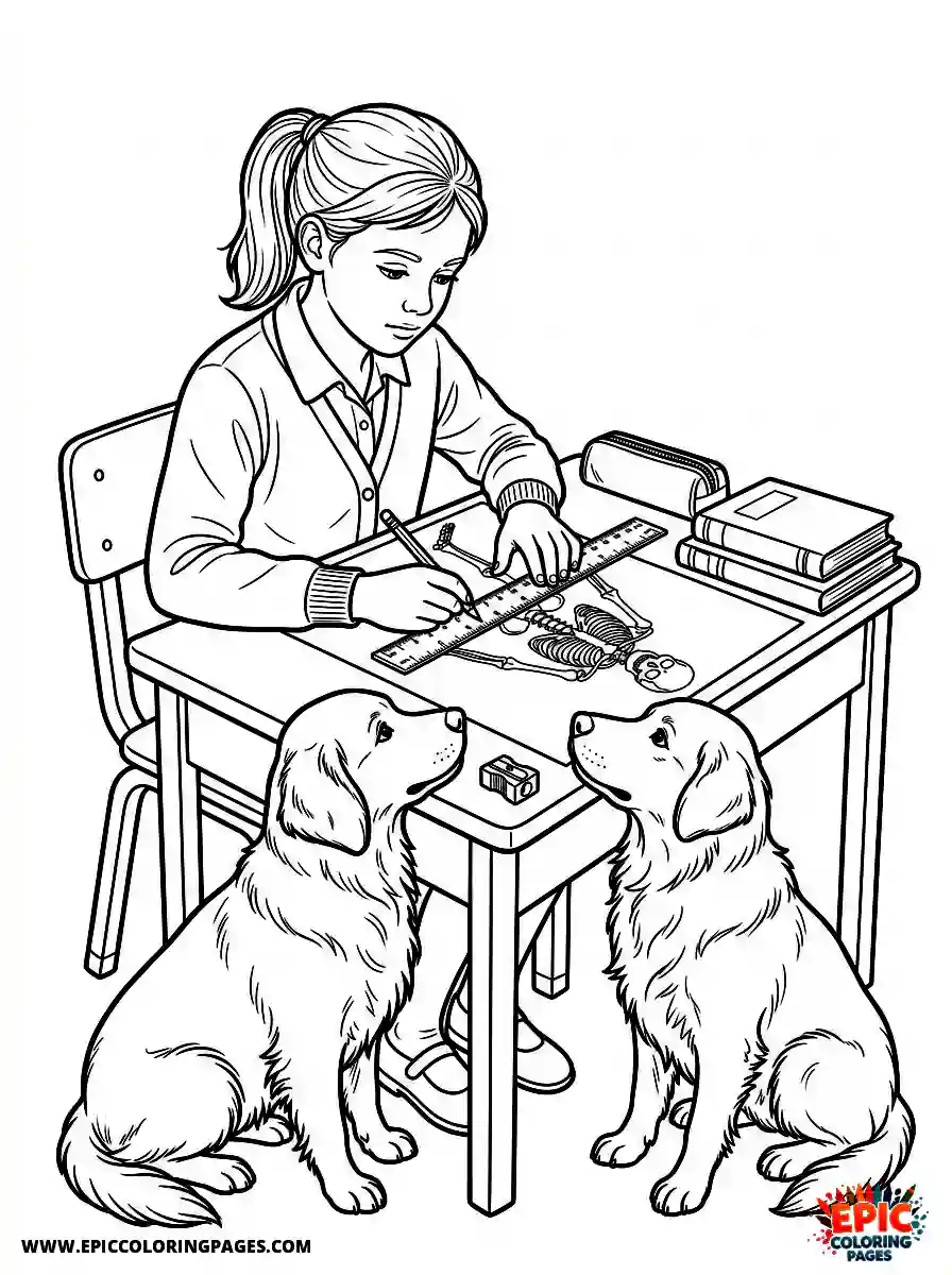 Girl with Dog Girl with dog realistic drawing an intricate anatomical diagram holding a precise ruler
