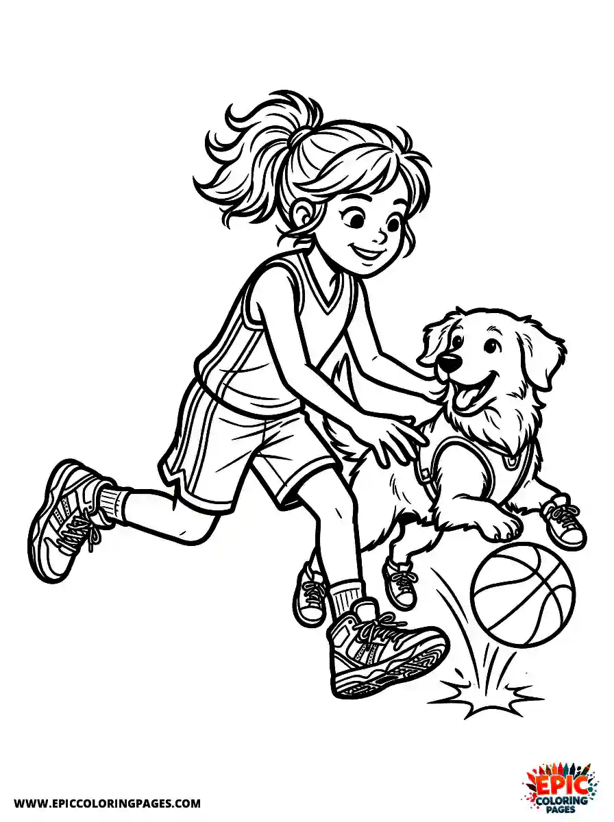 Girl with Dog Girl with dog realistic dribbling a leather basketball wearing professional athletic shoes