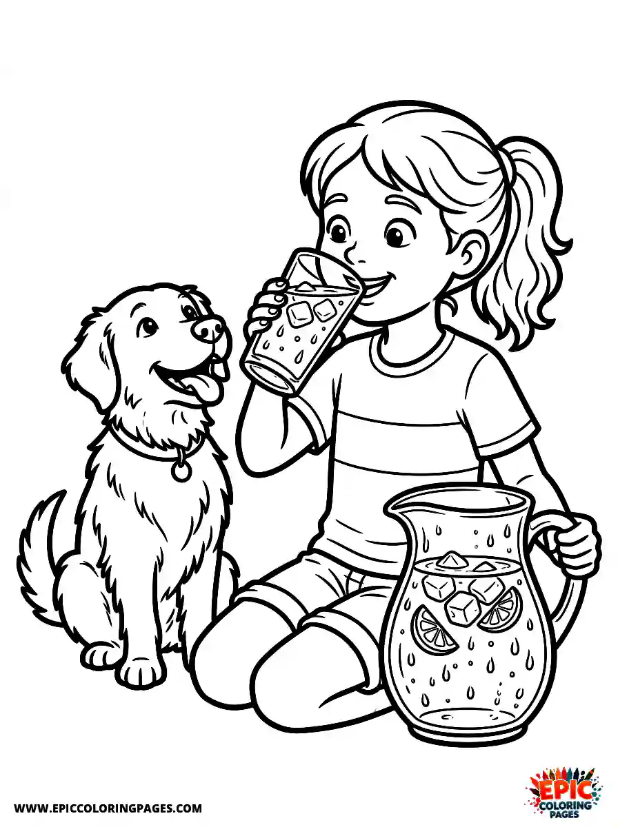 Girl with Dog Girl with dog realistic drinking a tall glass of water holding a condensation covered pitcher