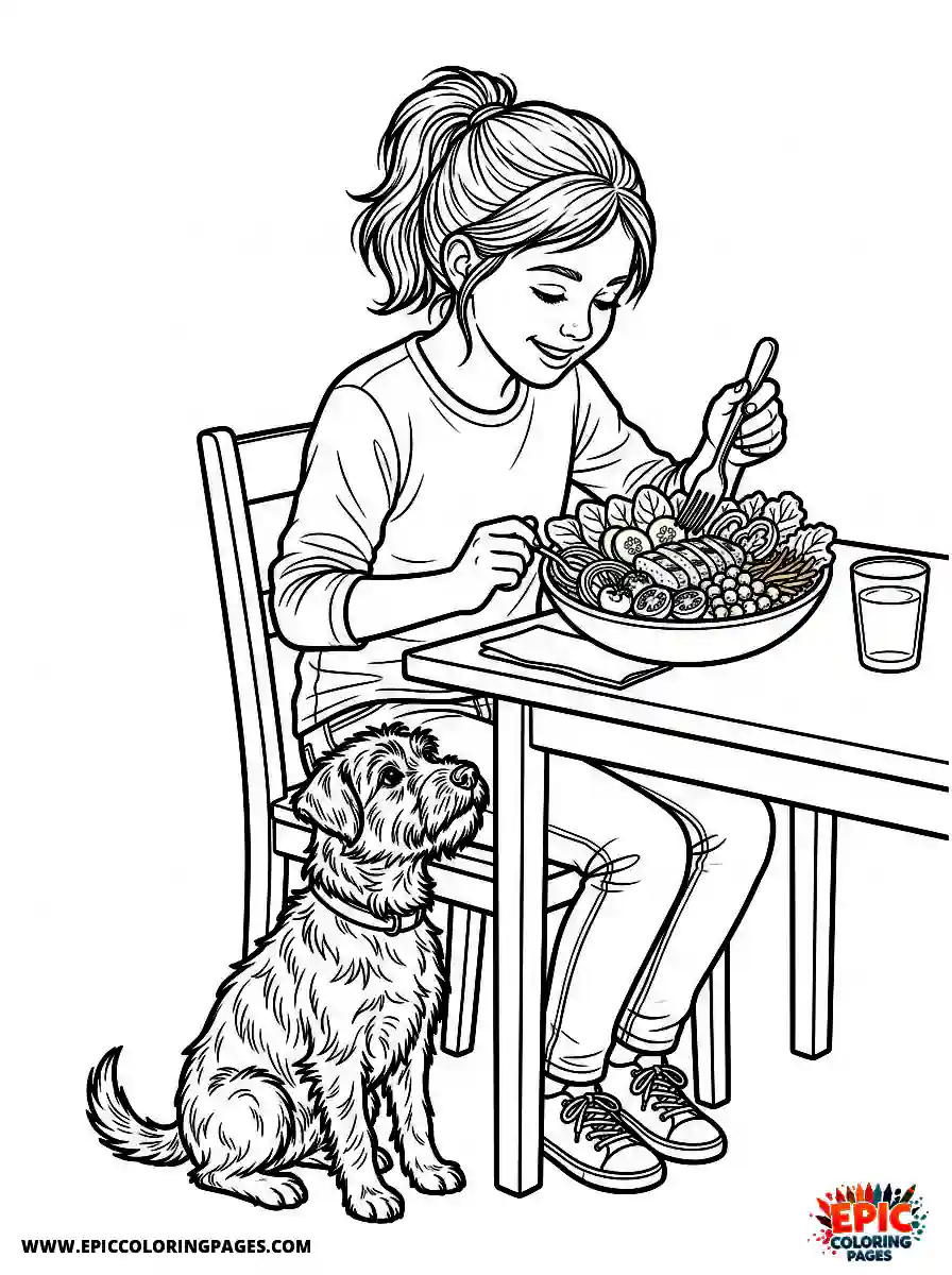 Girl with Dog Girl with dog realistic eating a healthy salad bowl holding a silver fork