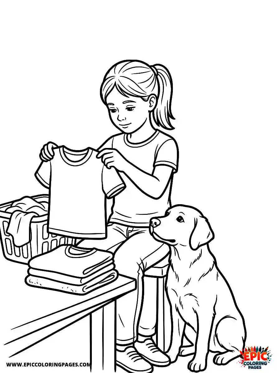 Girl with Dog Girl with dog realistic folding a stack of clothes holding a perfectly folded shirt