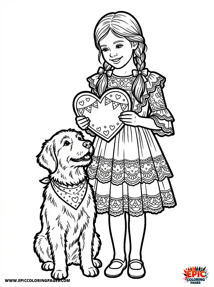 Girl with Dog Girl with dog realistic holding a heart shaped valentine card valentines wearing a romantic lace dress