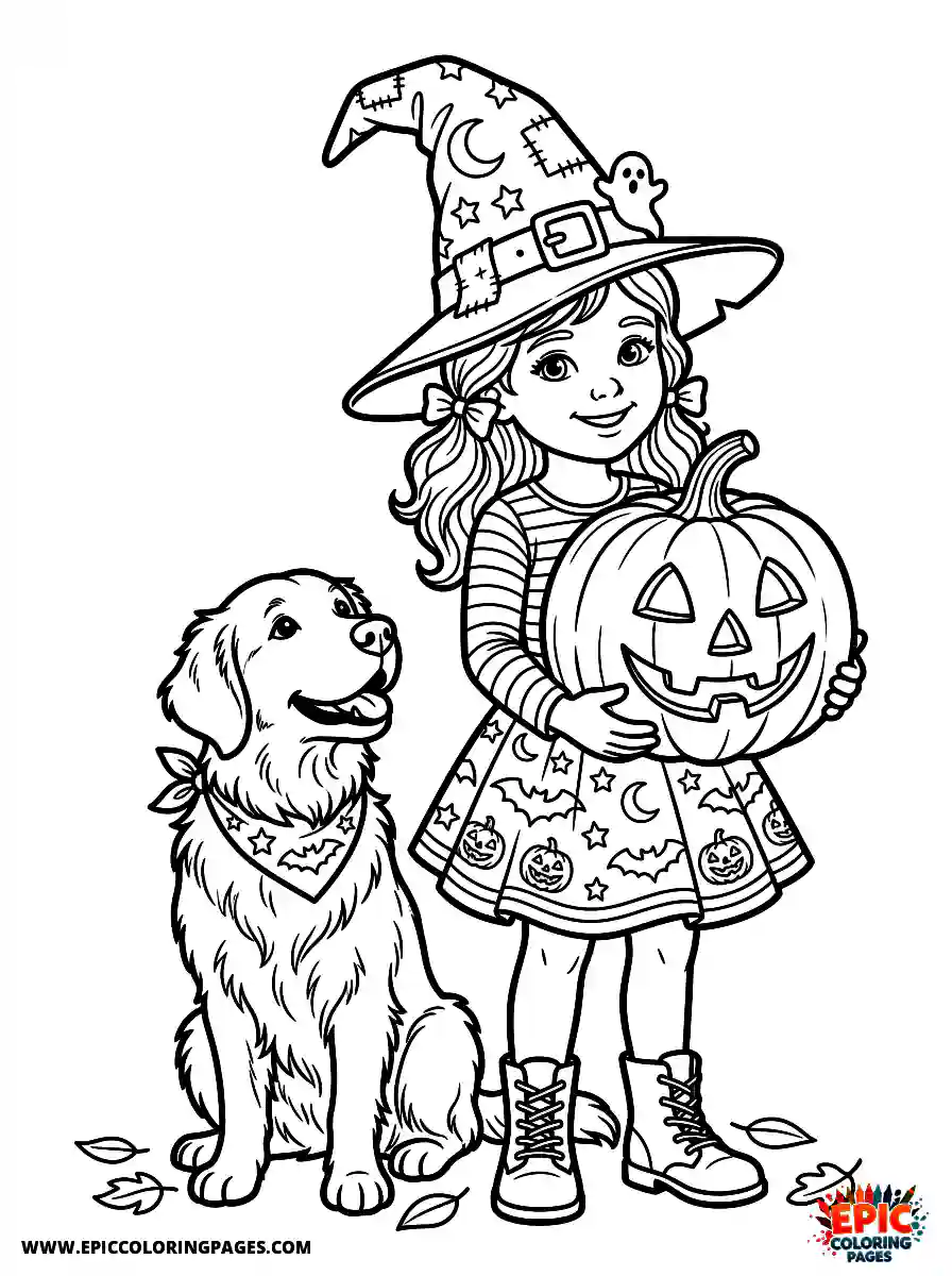 Girl with Dog Girl with dog realistic holding a large jack o lantern wearing a detailed witch hat
