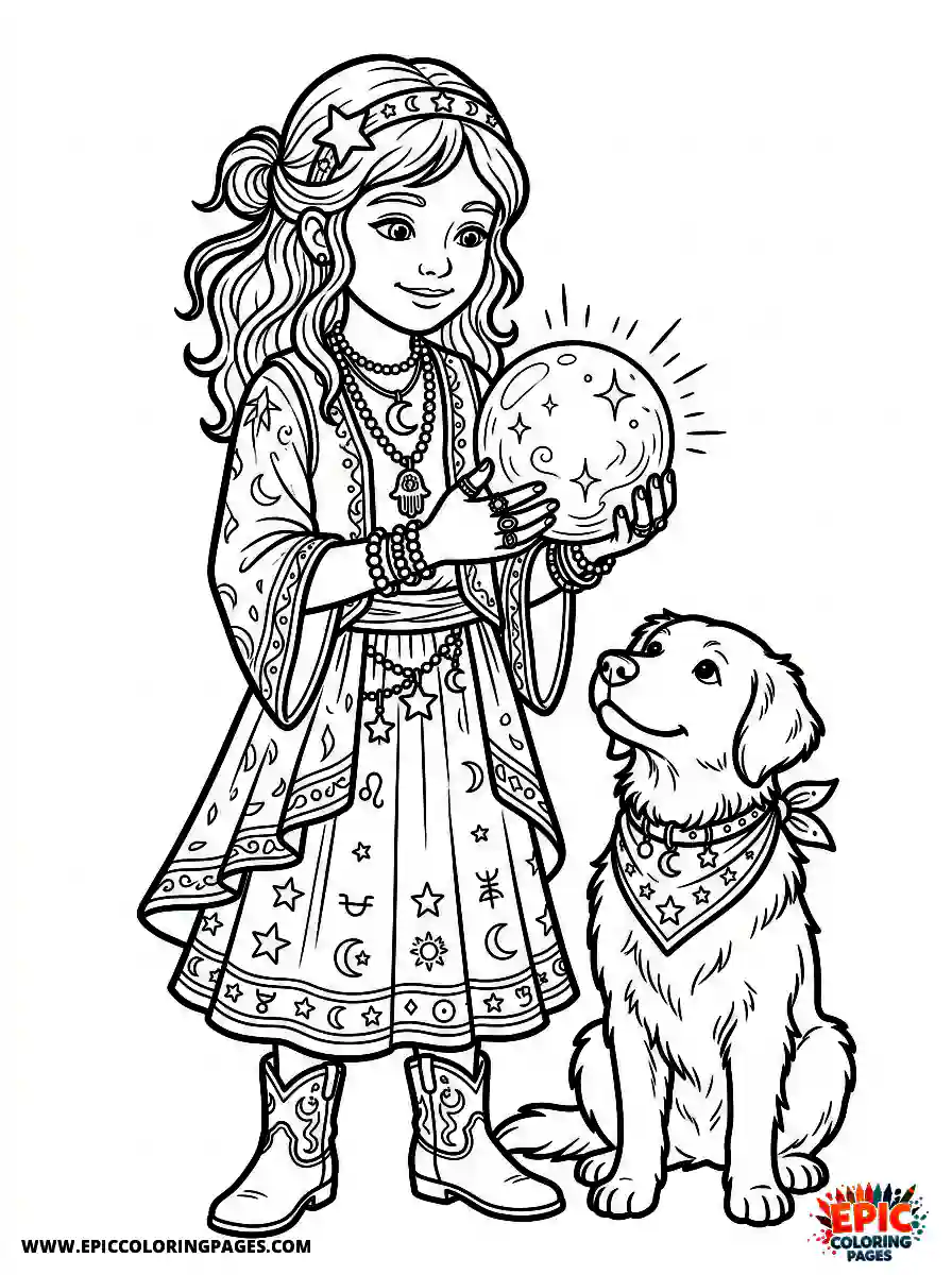 Girl with Dog Girl with dog realistic holding a luminous crystal ball wearing esoteric fortune teller jewelry