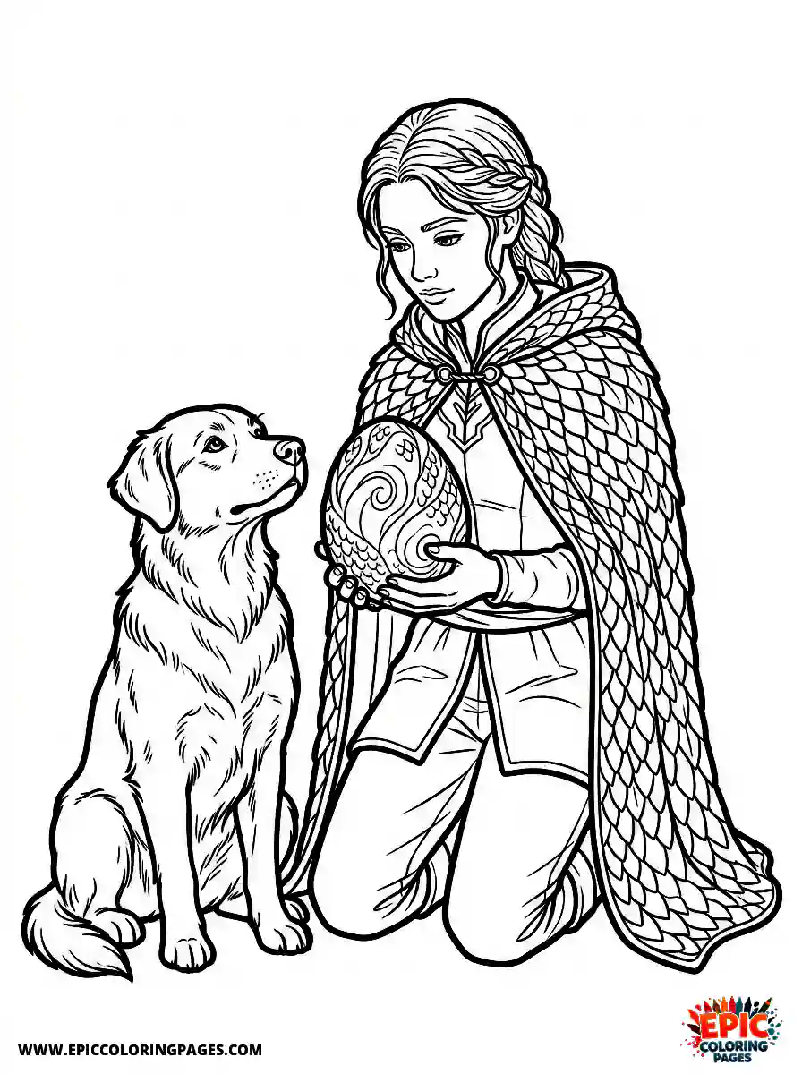 Girl with Dog Girl with dog realistic holding a mythical dragon egg wearing a reptilian scale cape