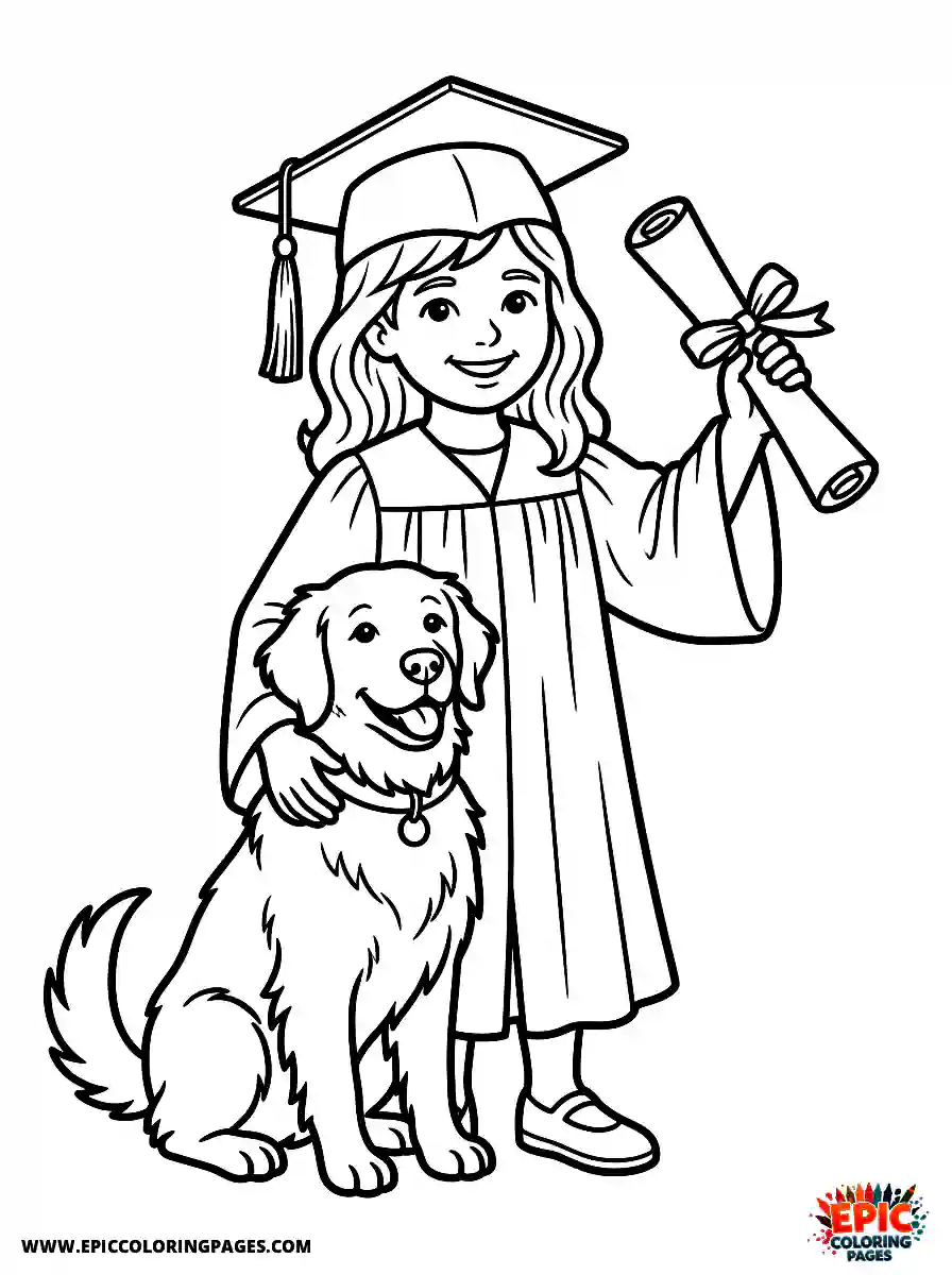 Girl with Dog Girl with dog realistic holding a rolled graduation diploma wearing a traditional cap and gown