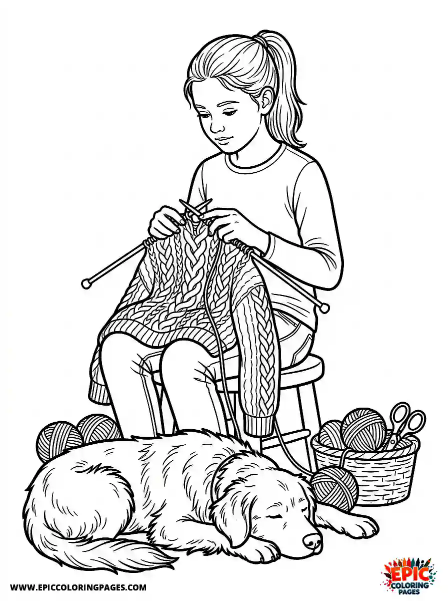 Girl with Dog Girl with dog realistic knitting a complex cable pattern sweater long metal needles