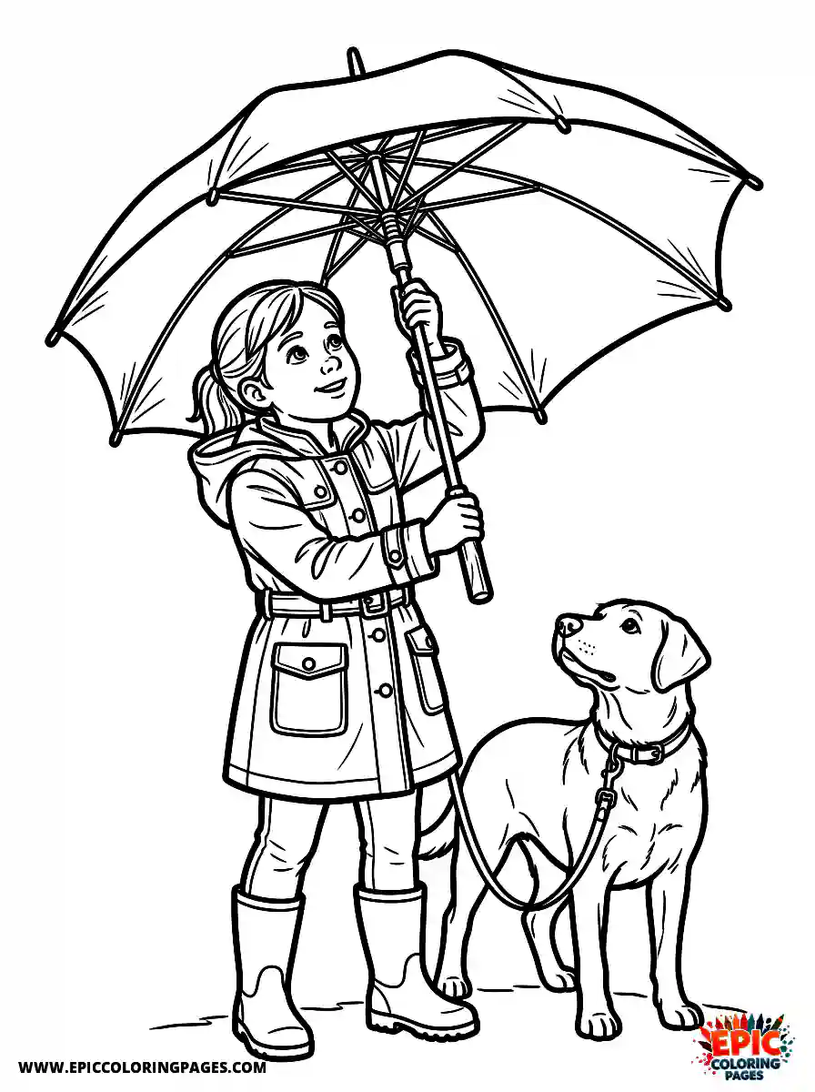 Girl with Dog Girl with dog realistic opening a large sturdy umbrella wearing a waterproof trench coat