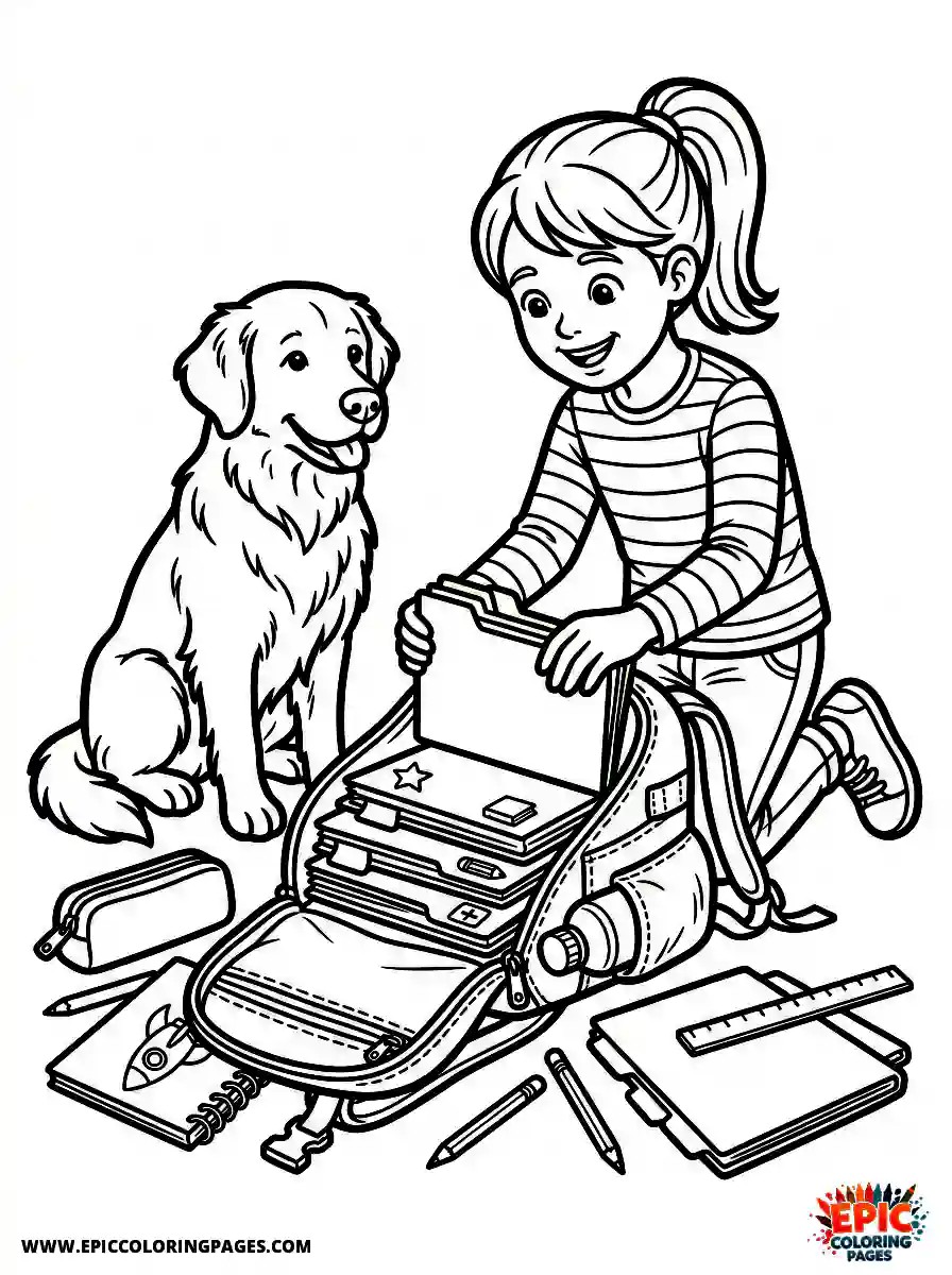 Girl with Dog Girl with dog realistic organizing an open backpack sorting colorful folders