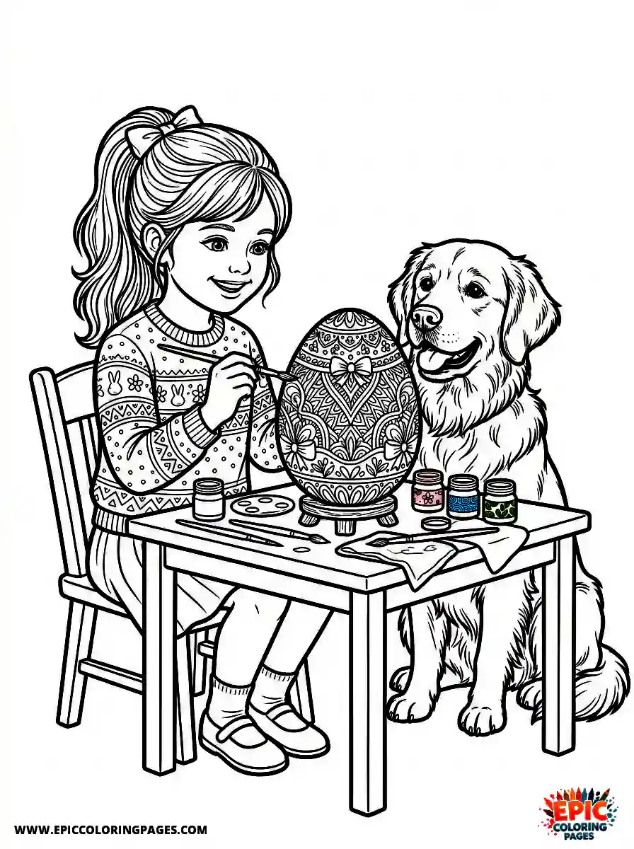Girl with Dog Girl with dog realistic painting a detailed easter egg holding a fine art brush