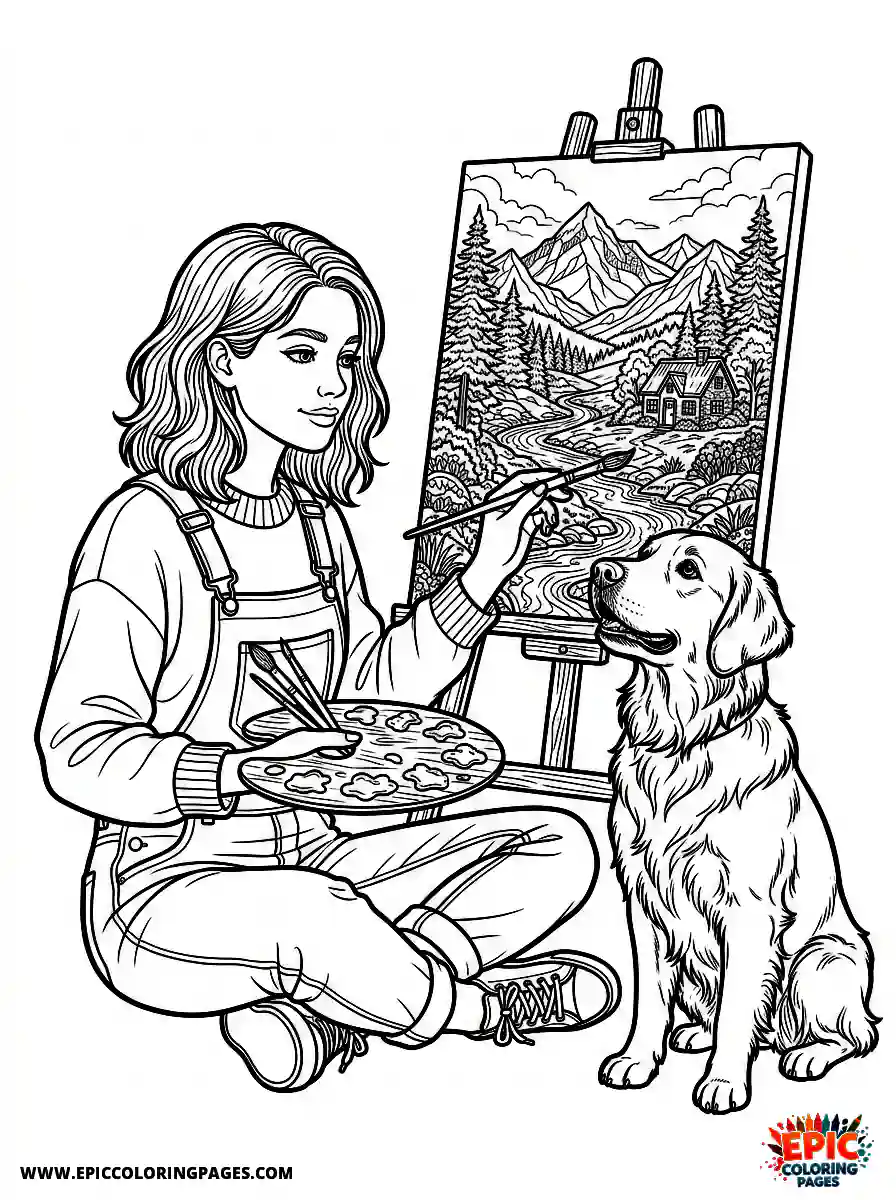 Girl with Dog Girl with dog realistic painting an intricate landscape on canvas holding a wooden palette