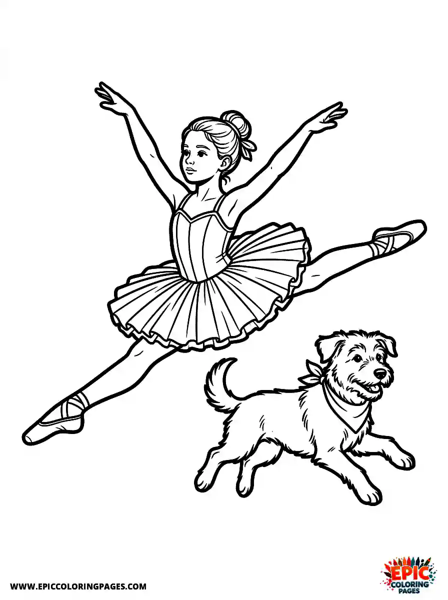 Girl with Dog Girl with dog realistic performing a grand jete ballet leap wearing a structured tutu