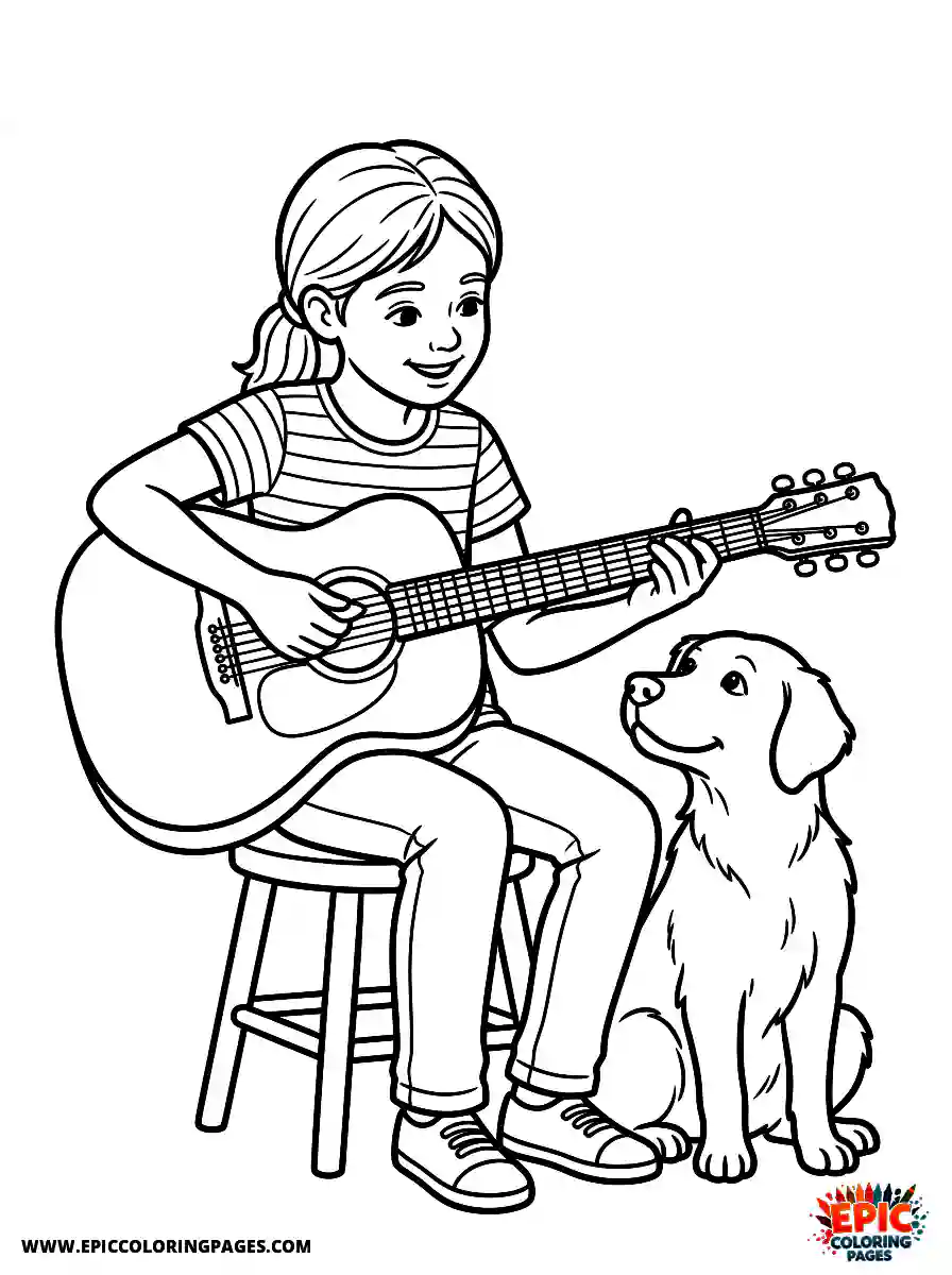 Girl with Dog Girl with dog realistic playing a wooden acoustic guitar holding a guitar pick
