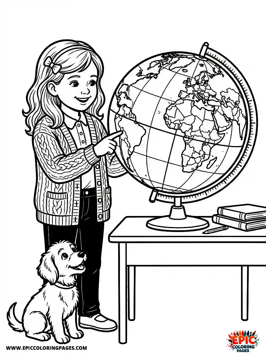 Girl with Dog Girl with dog realistic pointing at a large world globe wearing a formal cardigan