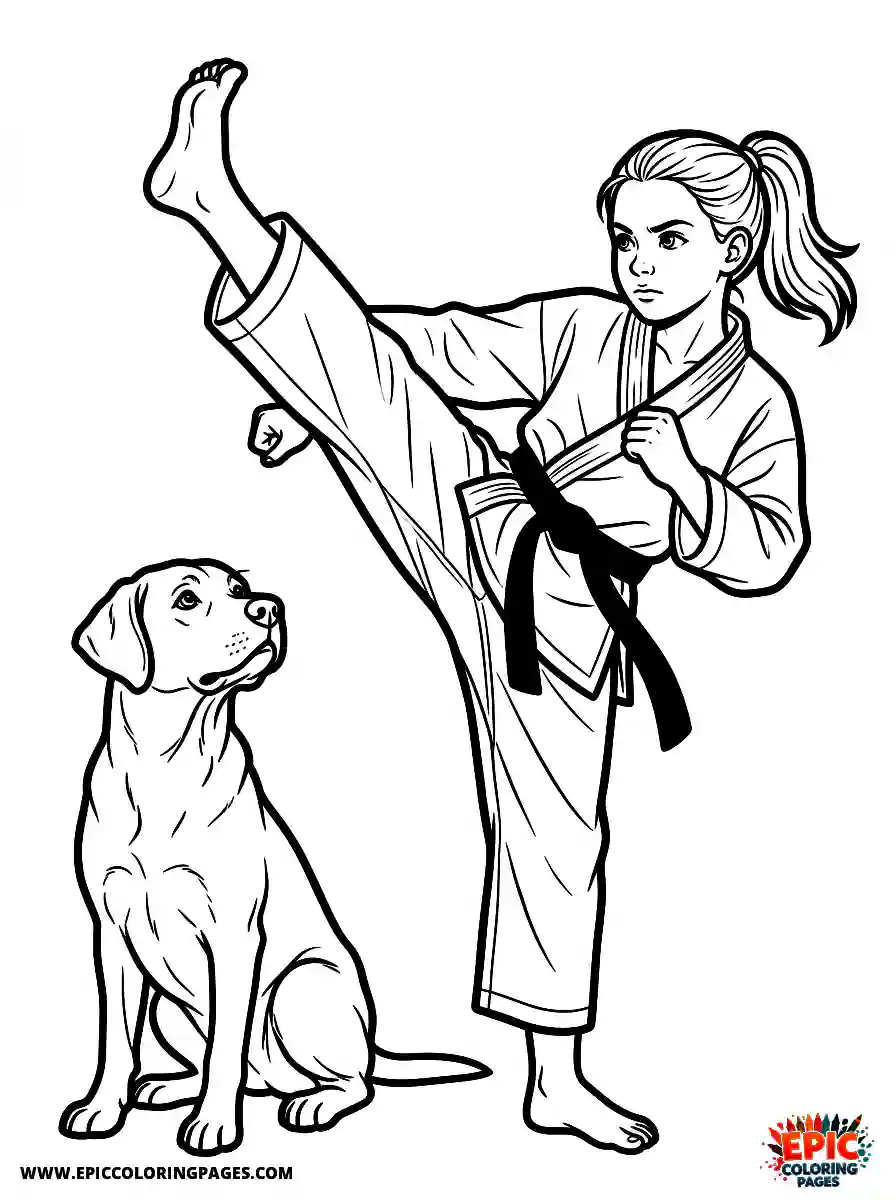 Girl with Dog Girl with dog realistic practicing a martial arts high kick wearing a black belt uniform