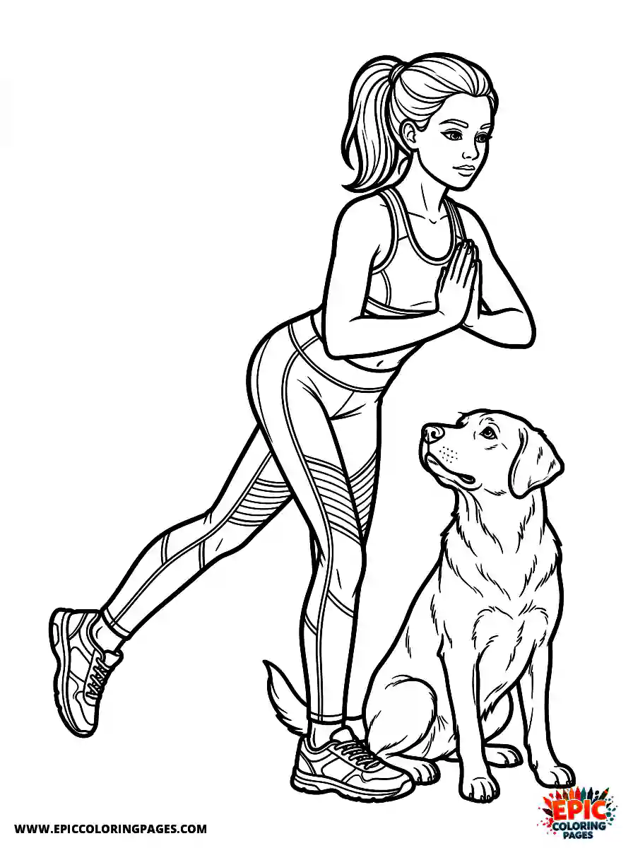 Girl with Dog Girl with dog realistic practicing complex yoga poses wearing high performance athletic wear