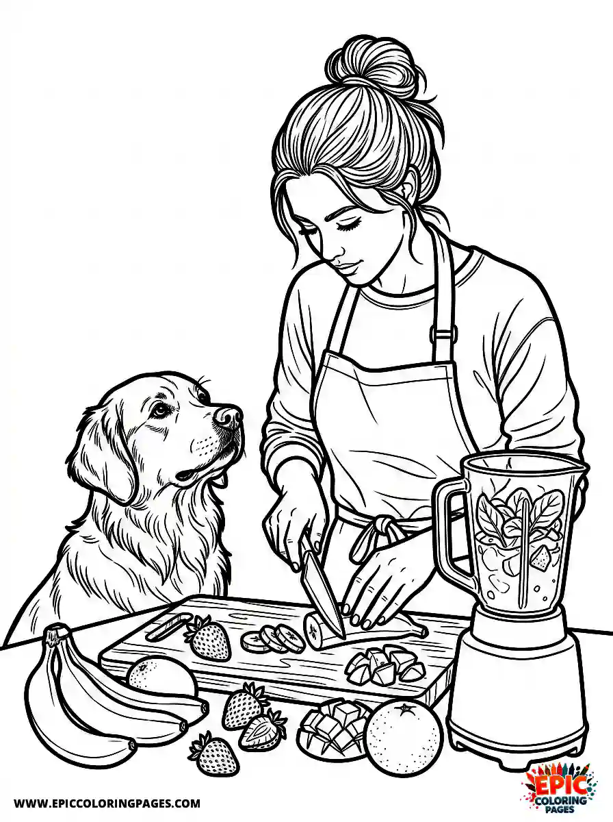 Girl with Dog Girl with dog realistic preparing a fresh fruit smoothie holding a sharp kitchen knife