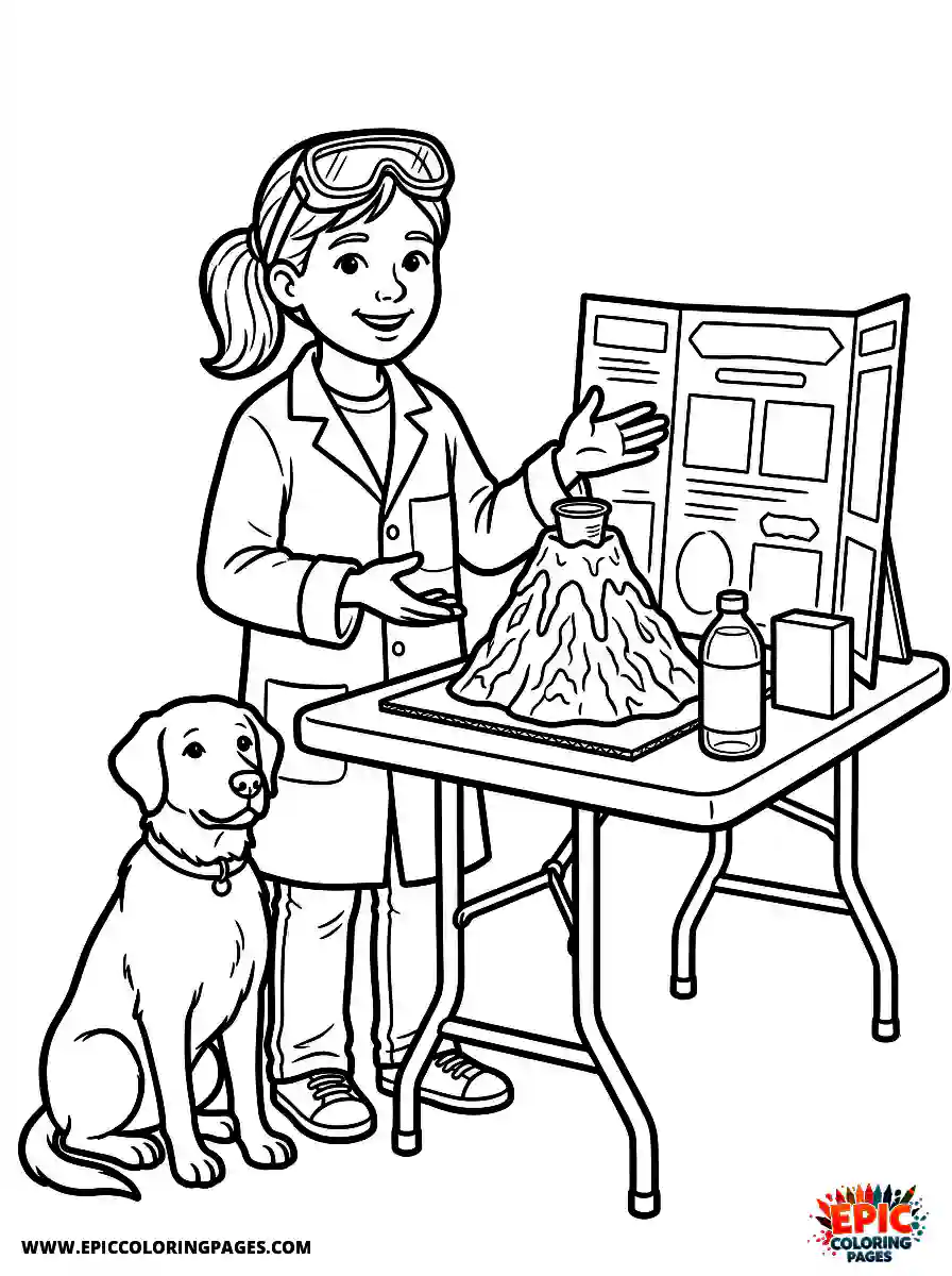 Girl with Dog Girl with dog realistic presenting a science fair volcano wearing a white lab coat