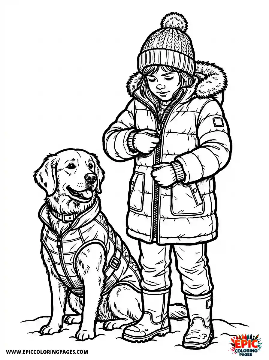 Girl with Dog Girl with dog realistic putting on a thick winter coat zipping up the front zipper