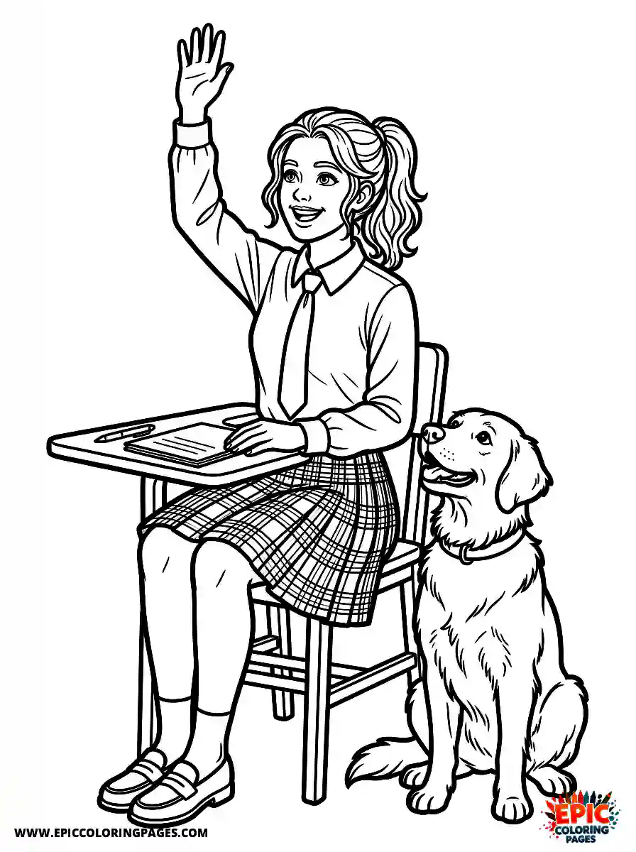 Girl with Dog Girl with dog realistic raising a hand eagerly wearing a plaid pleated skirt