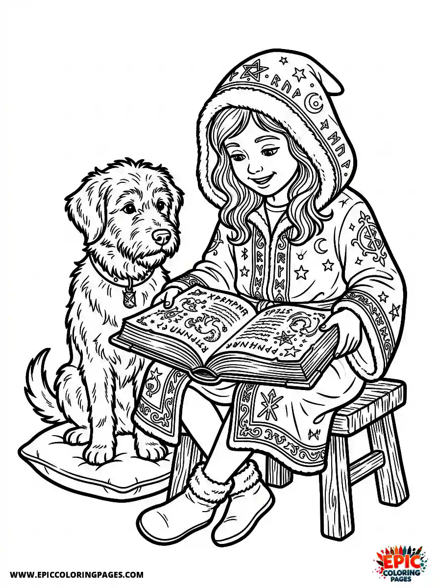 Girl with Dog Girl with dog realistic reading an ancient magical grimoire wearing a hooded velvet robe