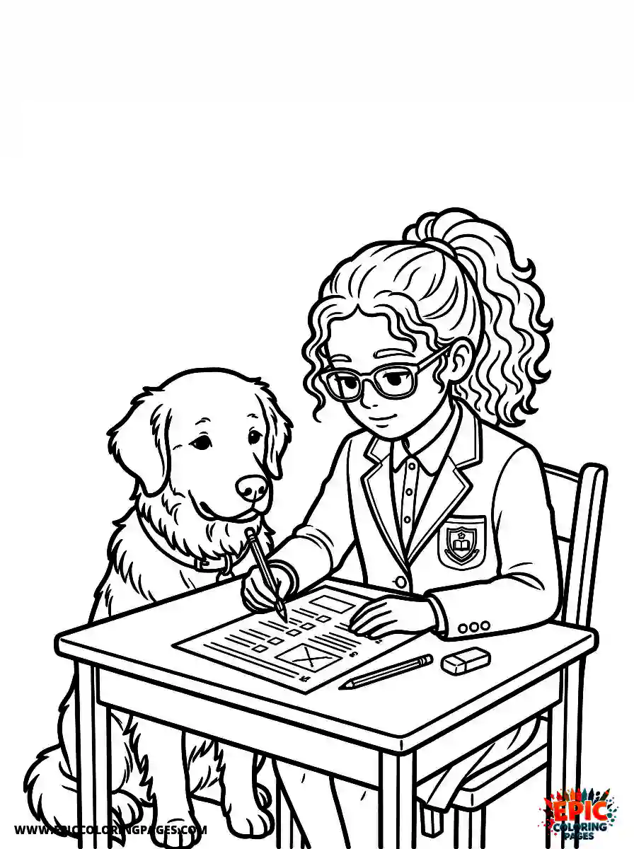 Girl with Dog Girl with dog realistic reviewing a printed test paper wearing a neat blazer